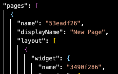 A serialized dashboard file with showing page and widget values.