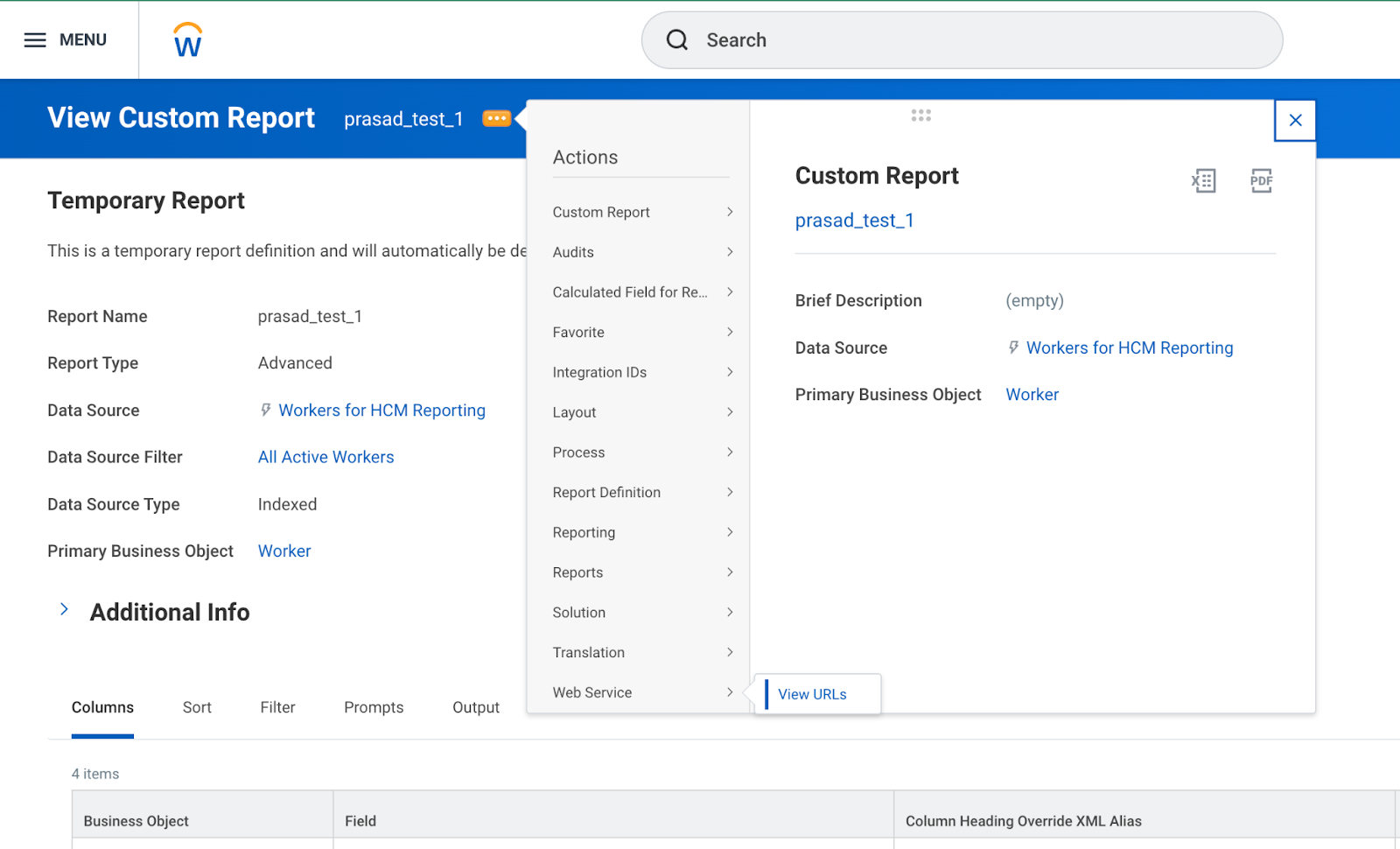 Workday report View URLs button